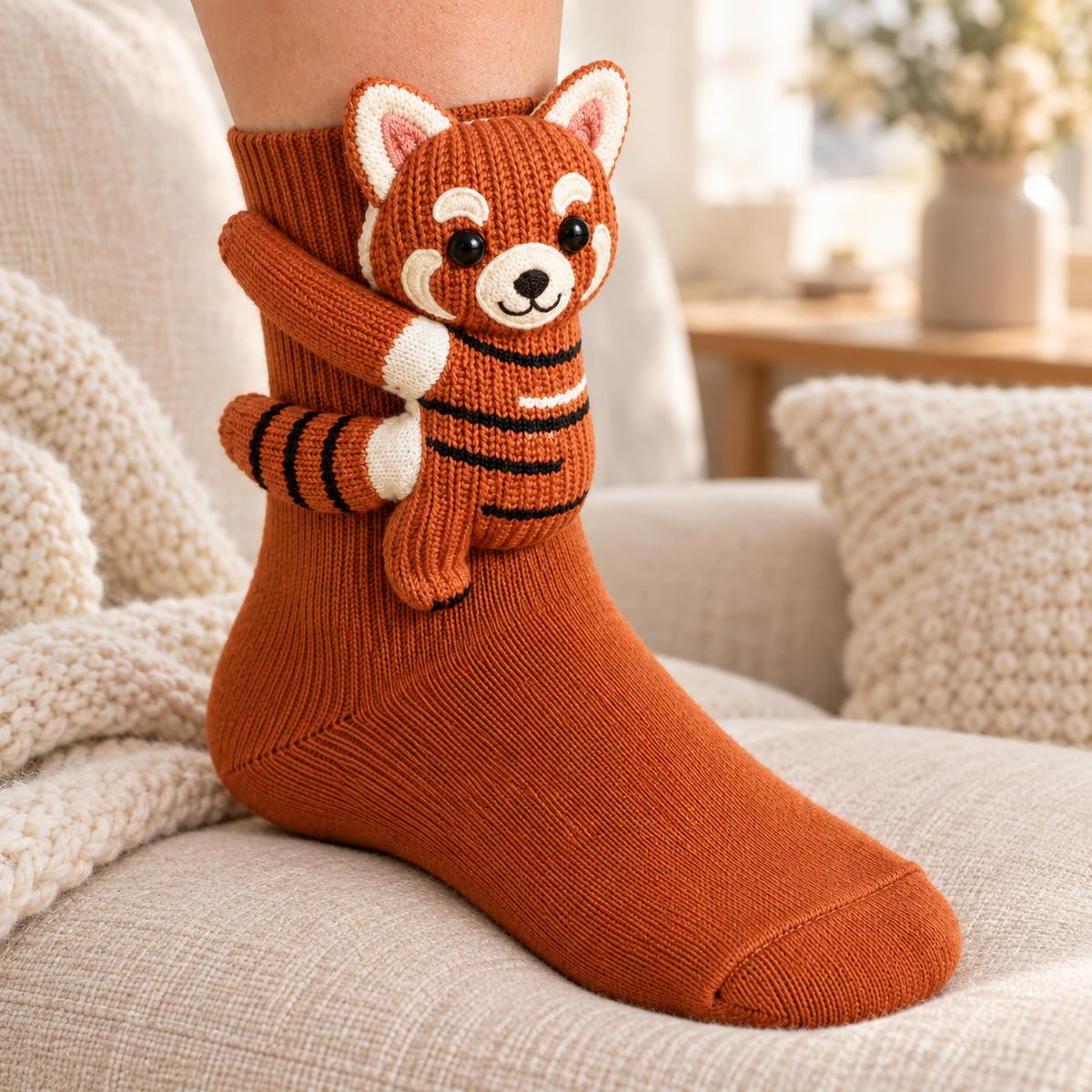 Le Renard Malin — chaussette portée dans une ambiance cosy