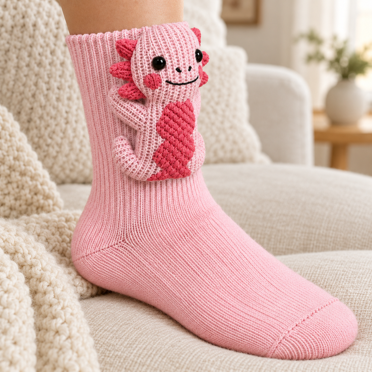 Le Dragon Rose — chaussette portée dans une ambiance cosy