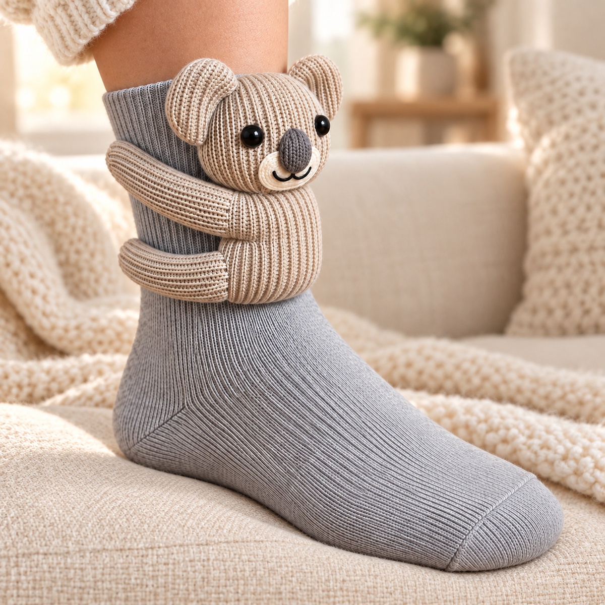 Le Koala — chaussette portée dans une ambiance cosy