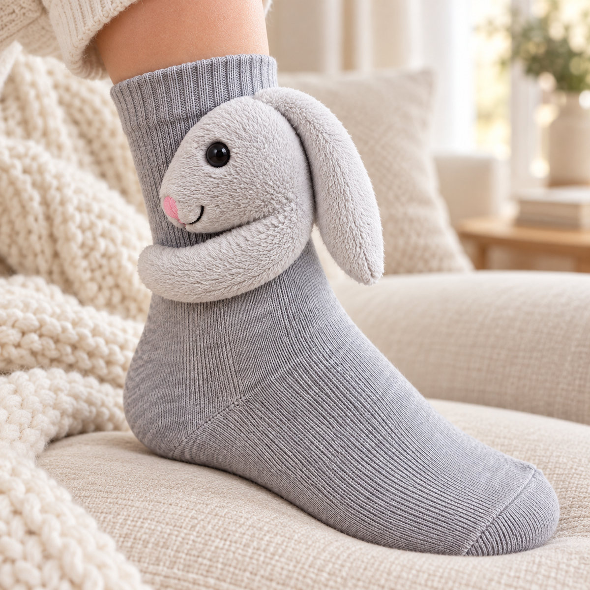Le Lapin — chaussette portée dans une ambiance cosy