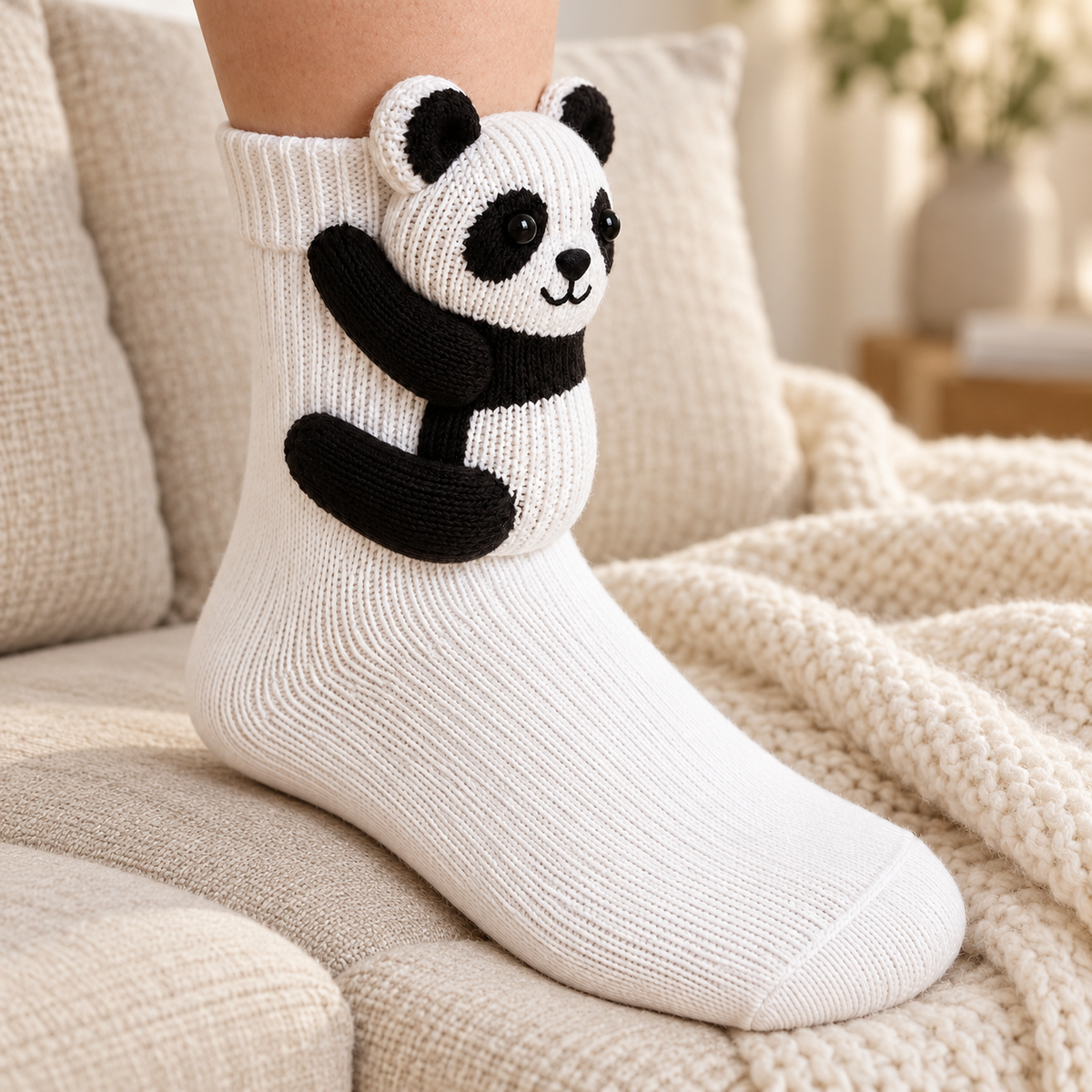 Le Panda — chaussette portée dans une ambiance cosy