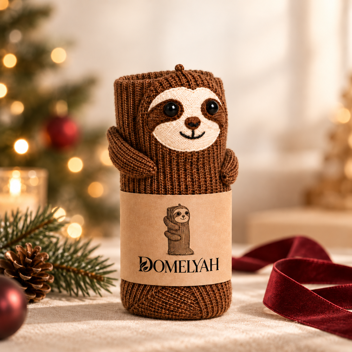 Le Paresseux dans son packaging DOMELYAH, décor de Noël