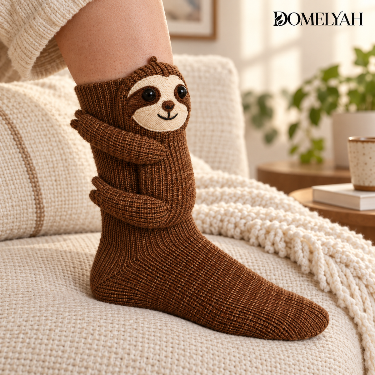 Chaussette Paresseux portée, avec ses bras et ses pattes autour de la cheville