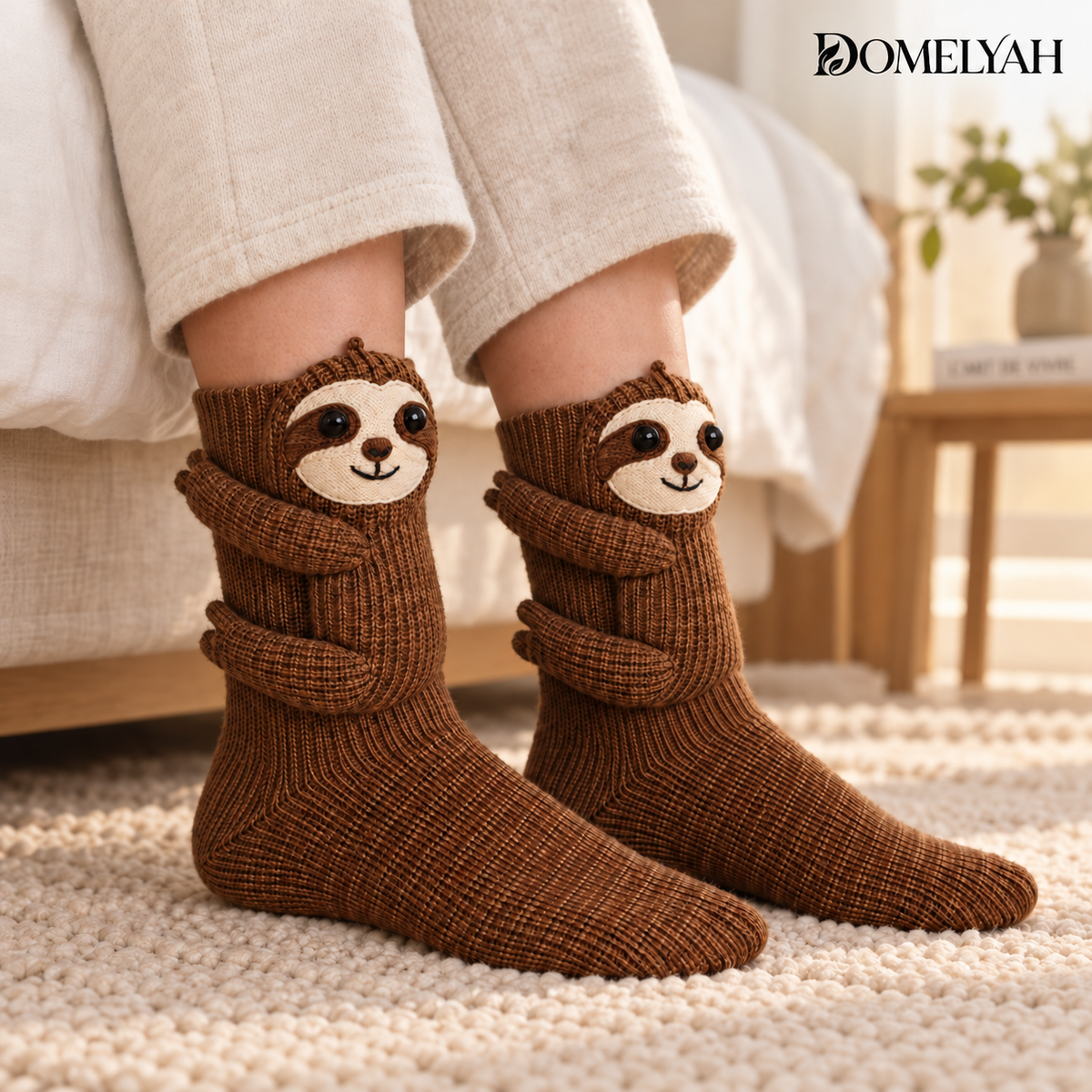 Une paire de chaussettes Paresseux portée dans un intérieur lumineux